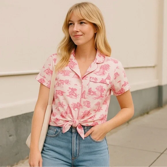 Blue Katie Kime XS Austin Texas Print Toile Short Sleeve 100% Cotton Pajama Top - Picture 2 of 7